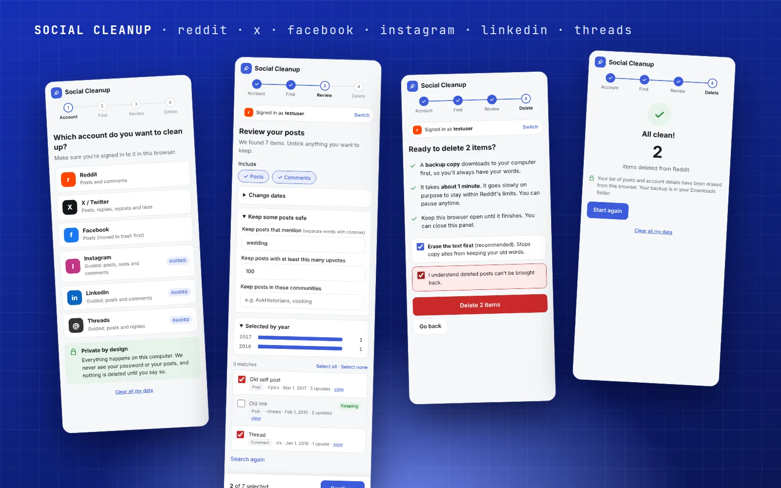 Social Cleanup's four steps: choose a site, review posts, confirm, done